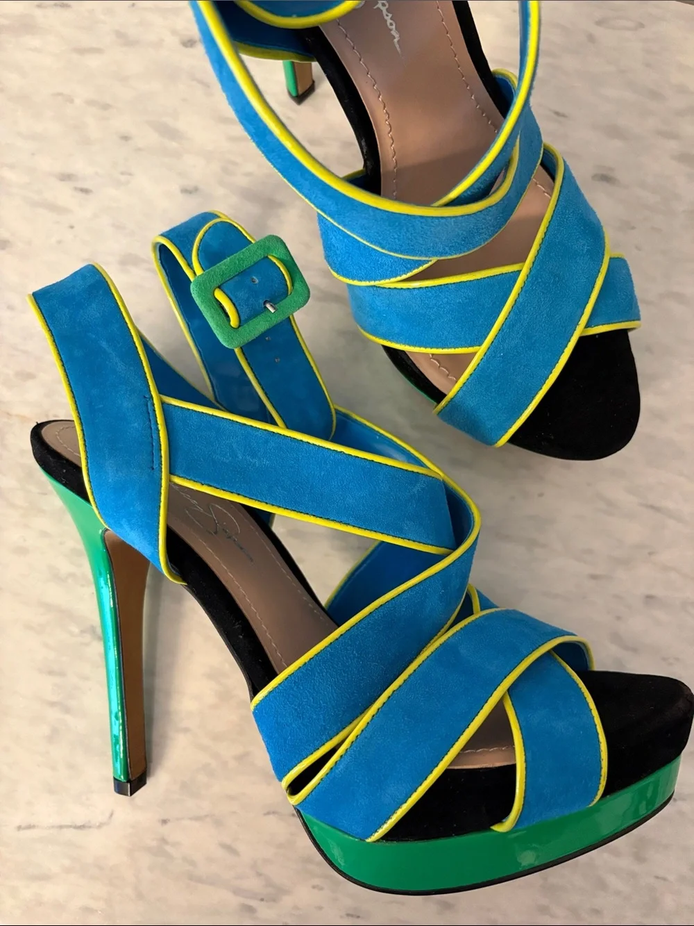 Jessica Simpson Turquoise & Green Strappy Suede Platform Heels Yellow Trim 8/38 - Picture 13 of 15